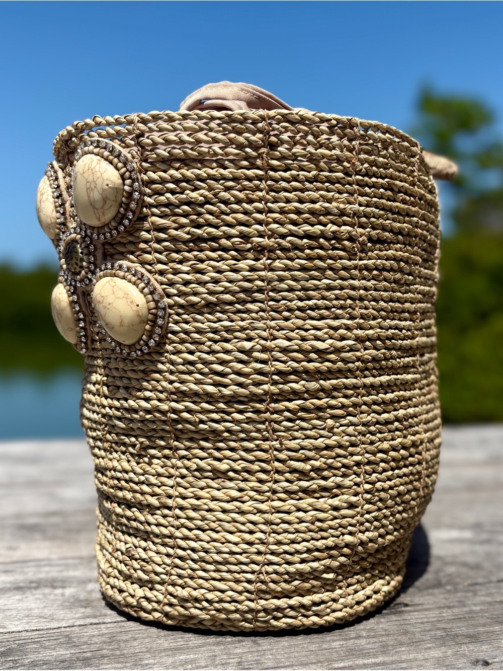 Skēmo Large Woven Straw Bag Luxury Stones Bling Double Handle Tote Designer Rare - Picture 7 of 15